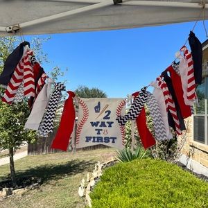 1/2 birthday banner and leg warmers, baseball theme.